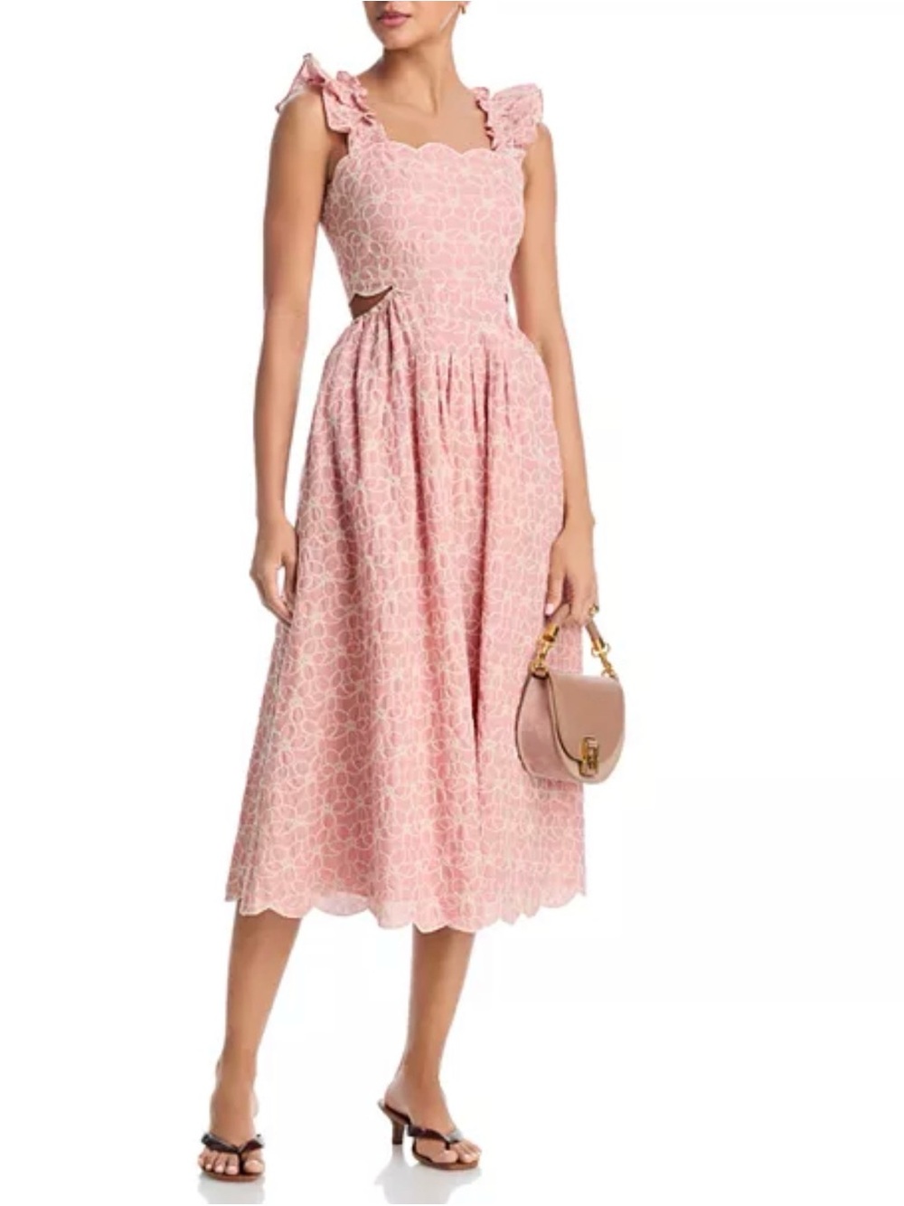 Aqua Pink Lace Midi Dress with Ruffled Straps